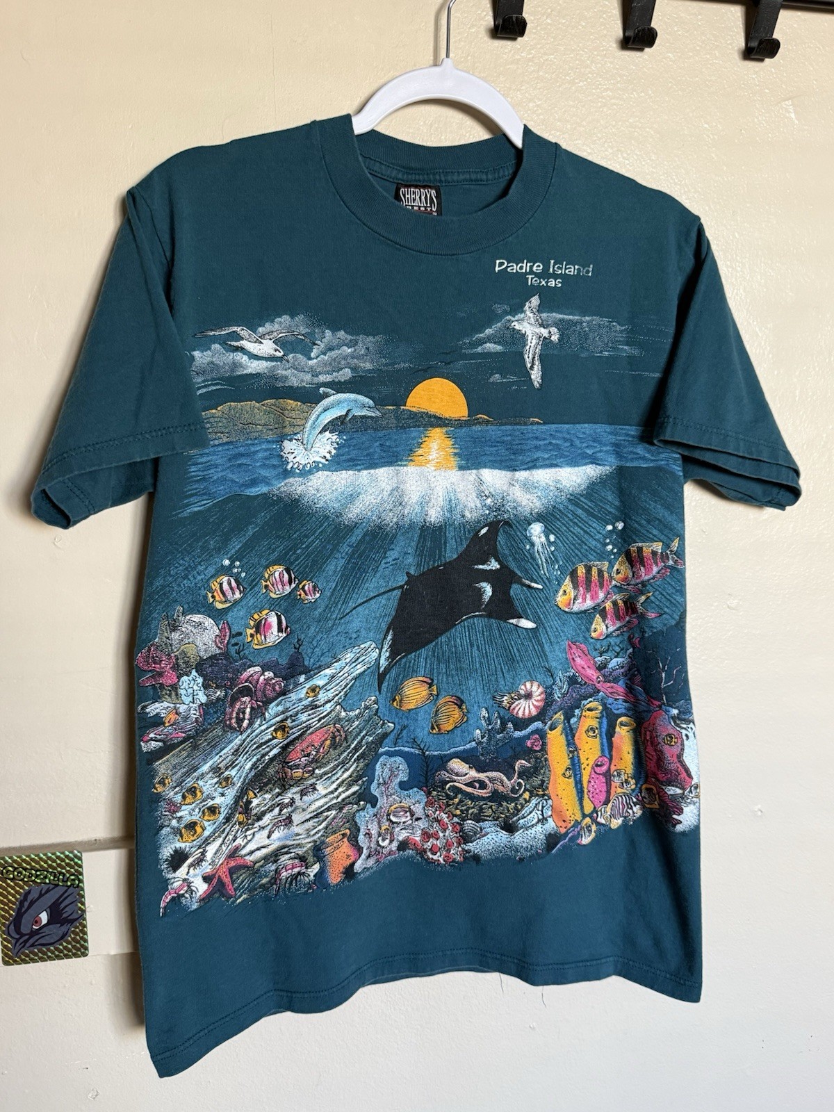 Vintage Padre Island Texas T-Shirt Aquatic Beach Tourist AOP Tee Size Medium