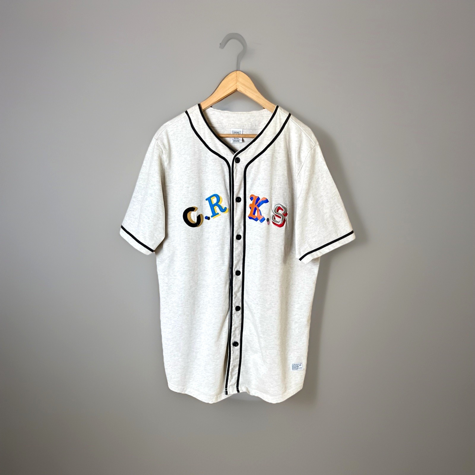 CROOKS & CASTLES Shirt Mens XL Cream Baseball Jersey Embroidered Button Up Knit