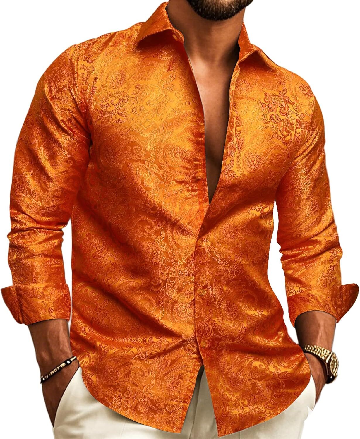 Mens Silk Paisley Western Shirt Long Sleeve Button Down Cowboy Dress Top Casual
