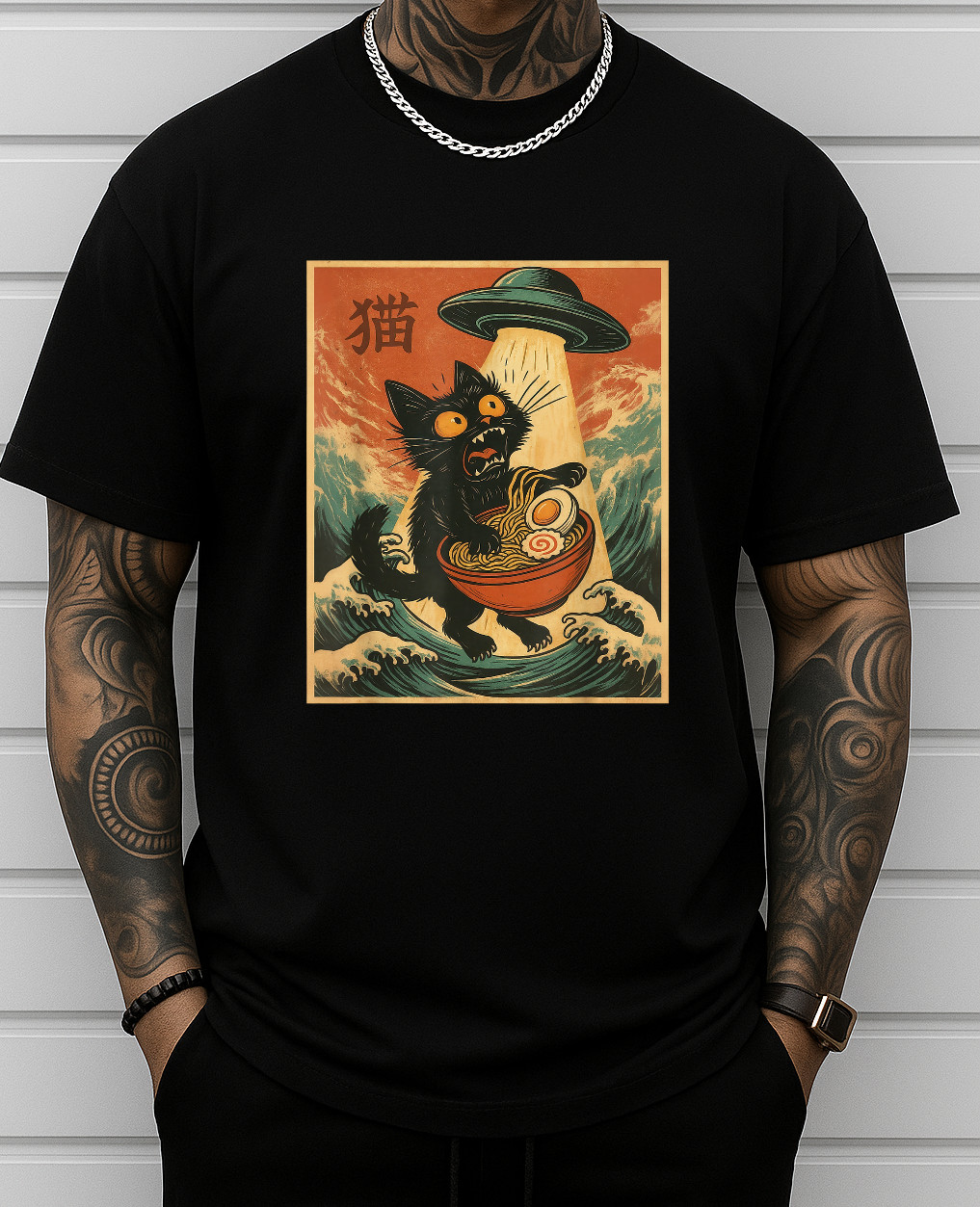 Cat Ramen UFO Funny Japanese Anime Tee Men Women Teens T-Shirt