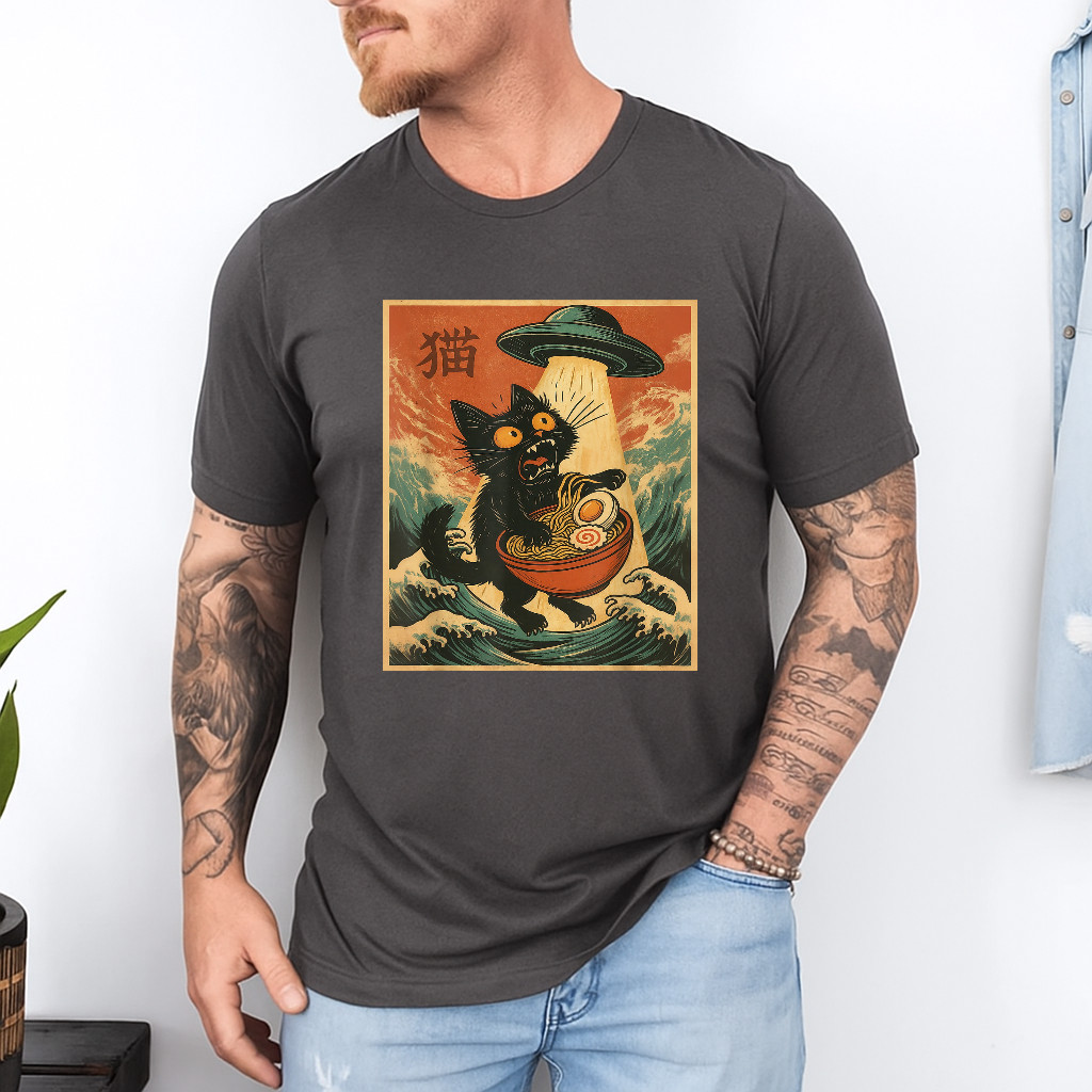 Cat Ramen UFO Funny Japanese Anime Tee Men Women Teens T-Shirt