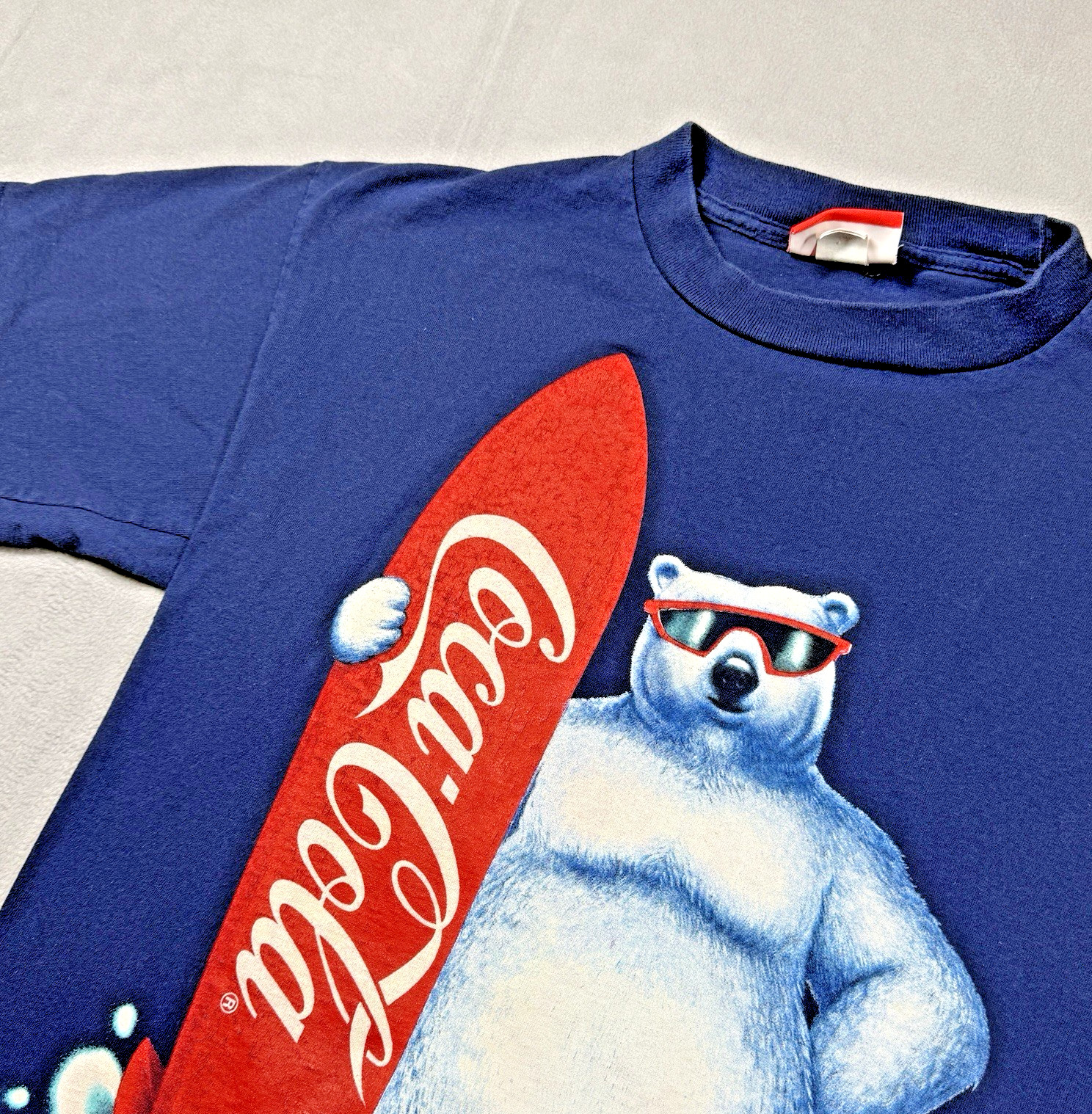 Coca Cola Polar Bear Shirt Mens XL Blue Single Stitch Surfboard Graphic 90s USA