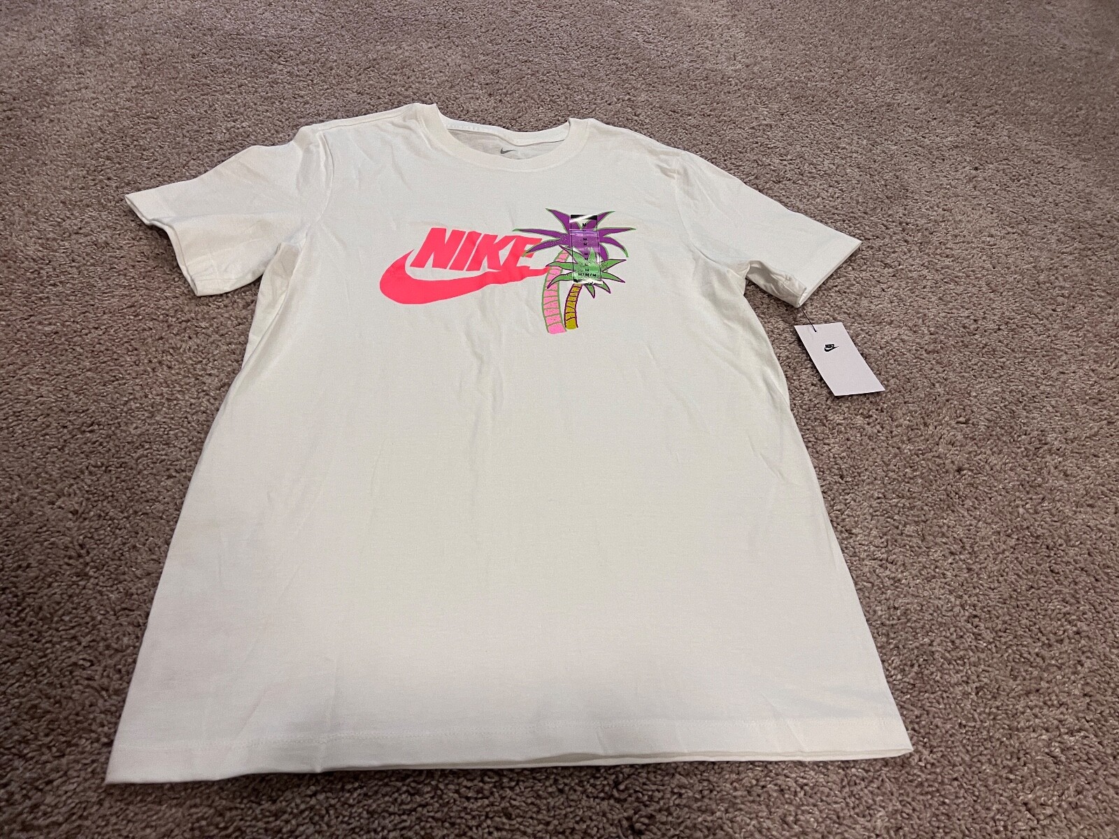 Nike white volt retro neon pink swoosh purple beach palm tree party t shirt LA M