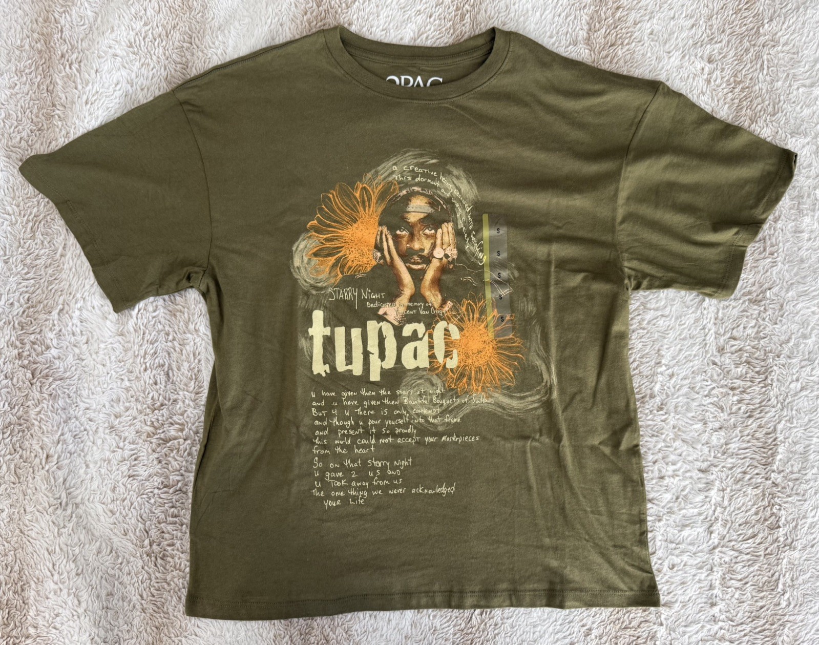 Starry Night Tupac Shakur lyrics Green Short Sleeve T-Shirt Size S