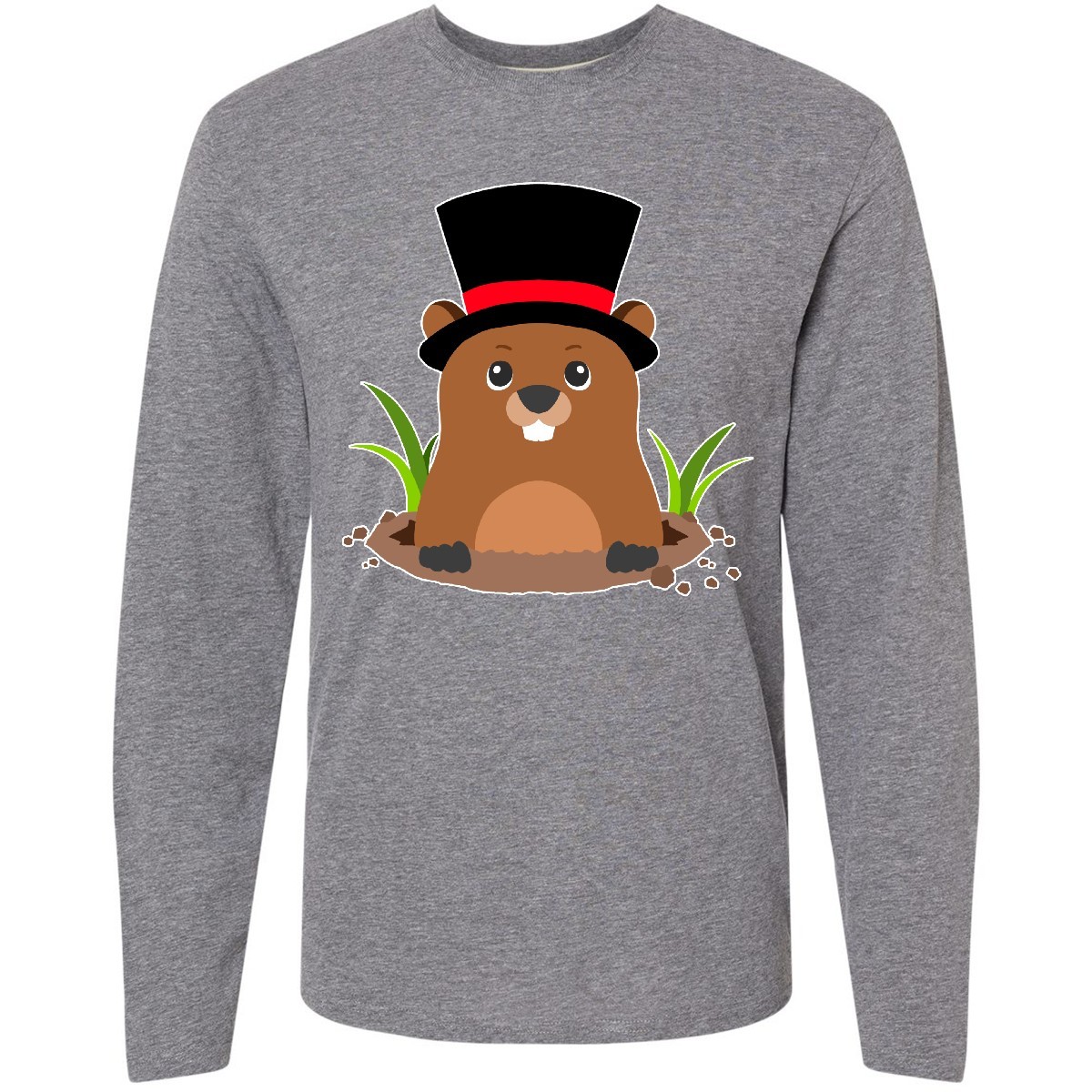 Inktastic Groundhog Day With Groundhog In Top Hat Long Sleeve T-Shirt Animal Tee