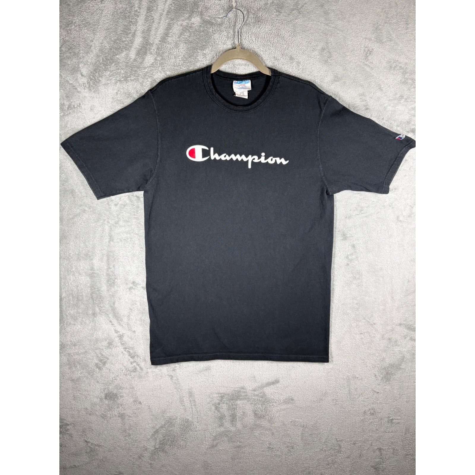 Champion Mens T-Shirt Large Black Script Logo Short Sleeve GT19 BKC Sportswear