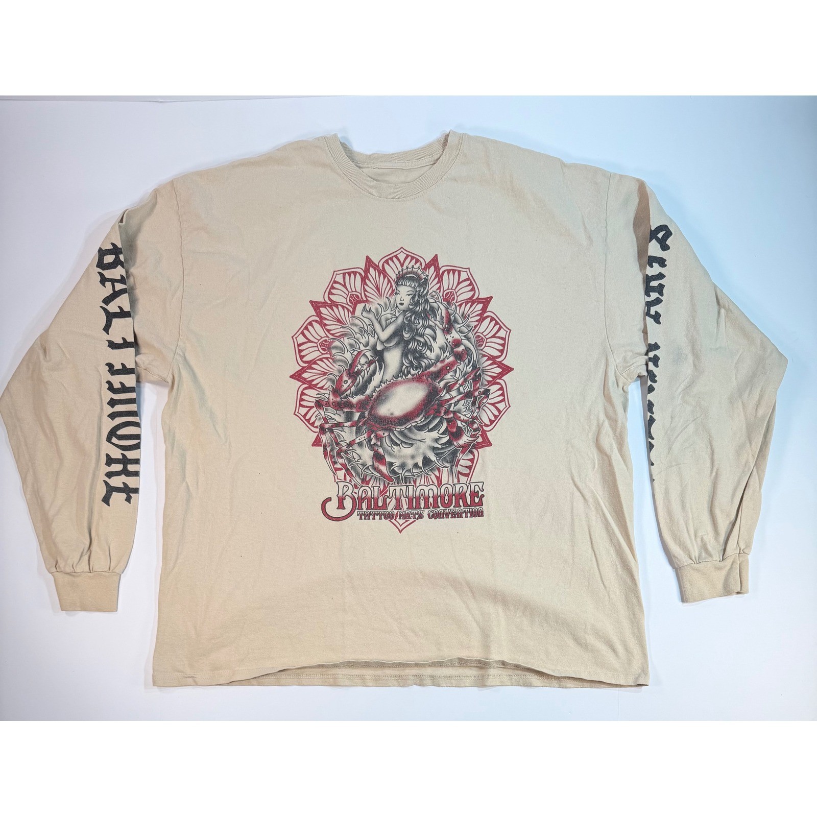 Baltimore Tattoo Arts Convention Long Sleeve Graphic Tee Tan Mermaid Crab XL