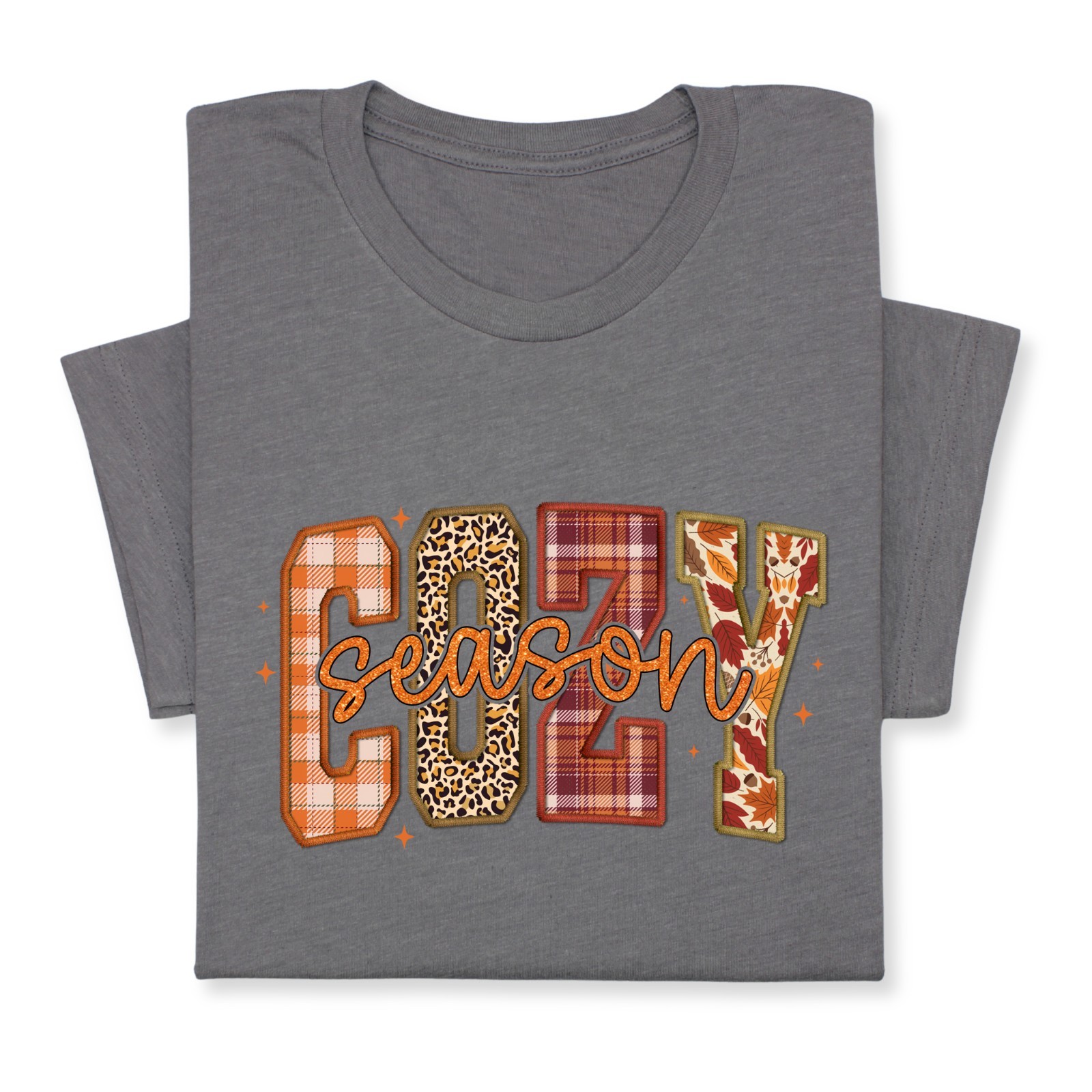 Cozy Season Fall T-Shirt – Autumn Plaid & Leopard Patchwork Tee