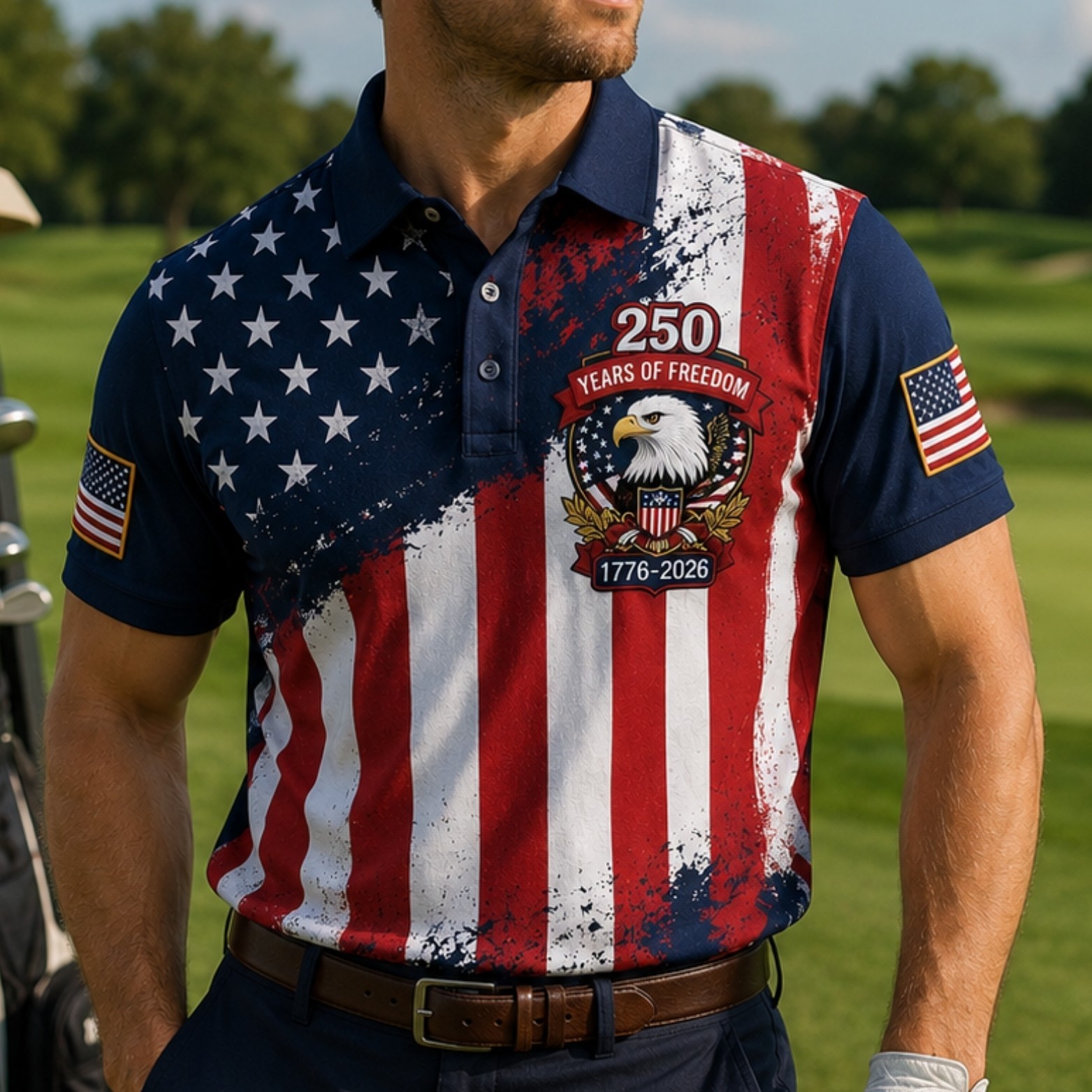 American Flag Eagle Golf Polo, USA 250 Years Freedom 1776-2026 Patriot (S-5XL)