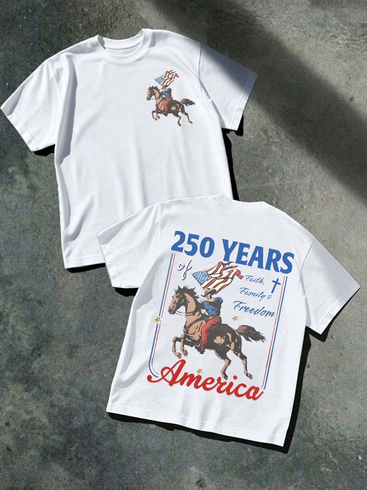 USA 250 Years Of America Cowboy Horse Graphic T-Shirt, Faith Family Freedom Tee