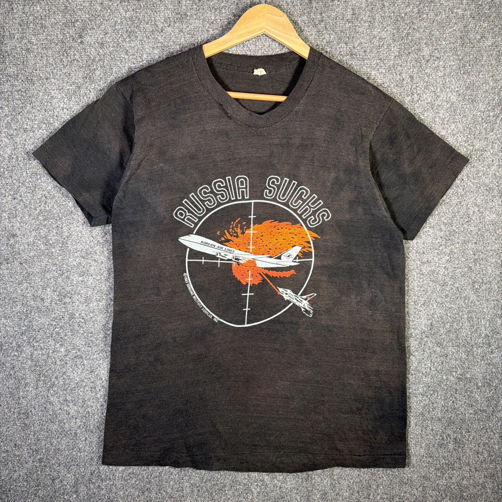Vintage Military Shirt XL 80s Russia Sucks 1983 Korean Air Plane Fighter Jet