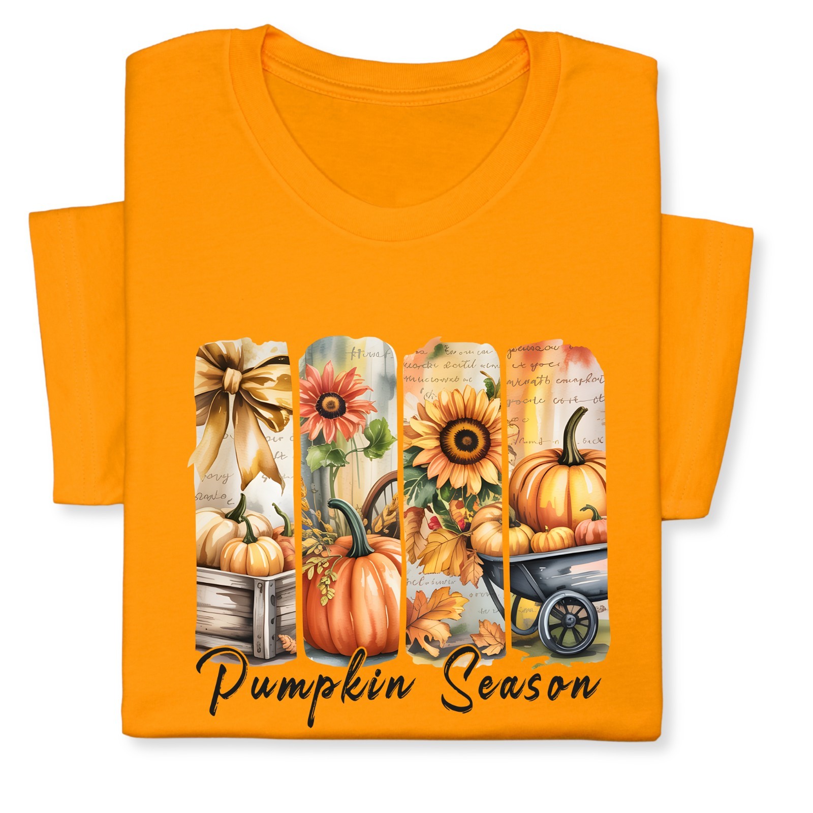 Pumpkin Season Print Shirt, Fall Tee with Sunflowers & Cart
