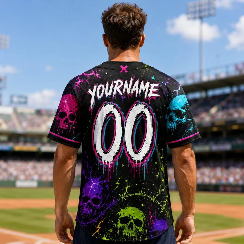 Custom Neon Skulls Lightning Baseball Jersey Personalized Name Number Shirt Kids