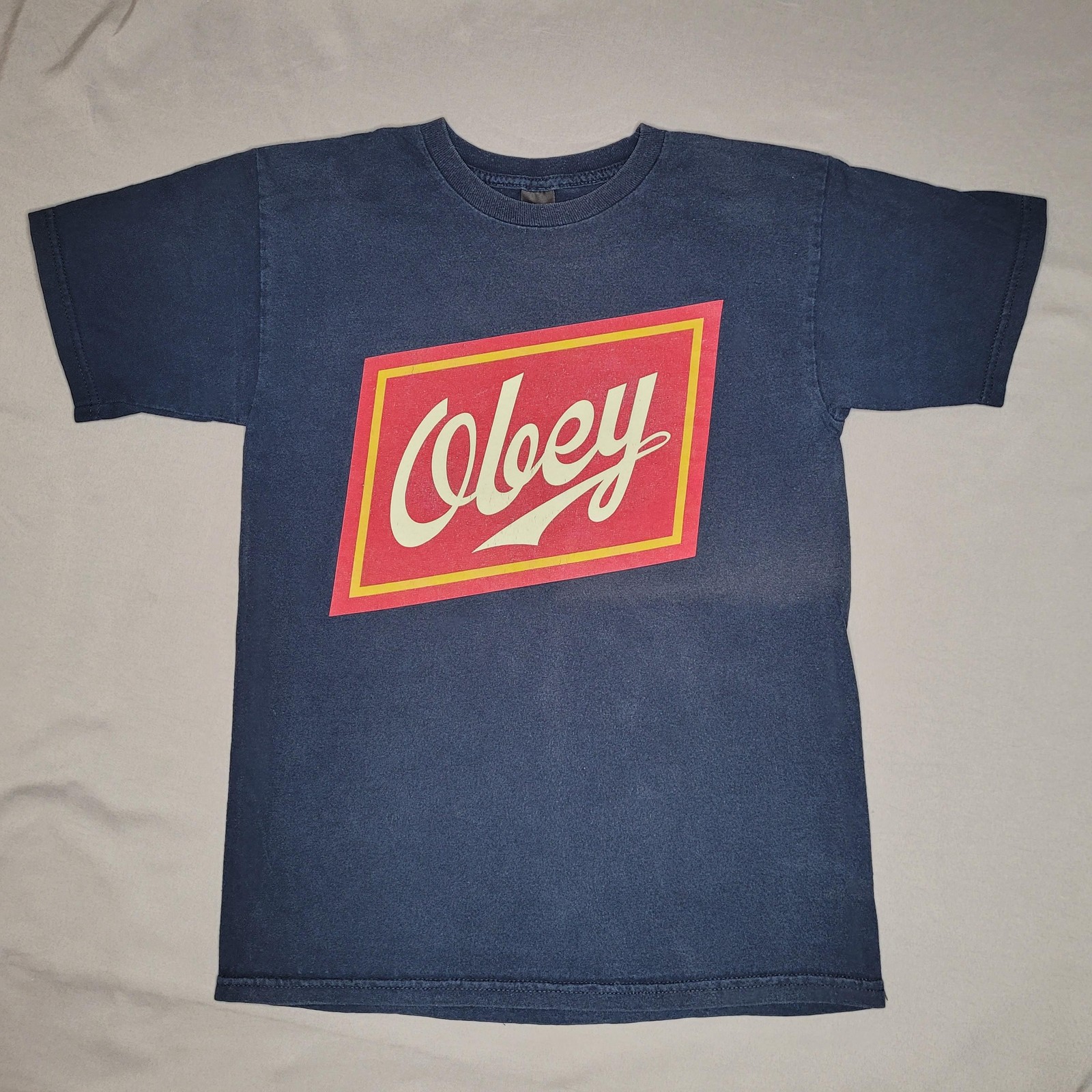 Obey Shirt Mens Small Navy Blue Red Box Logo Graphic Tee Streetwear Skate Skater