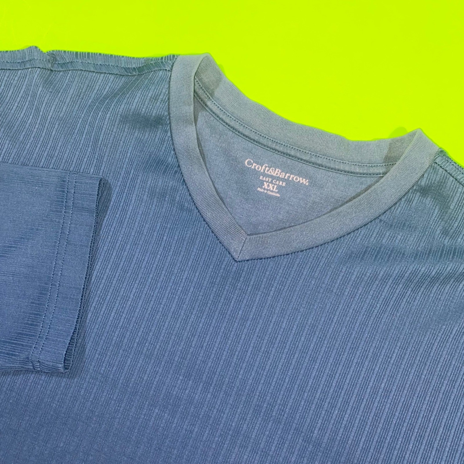 Croft & Barrow Mens XXL Blue Ribbed V-Neck Long Sleeve Easy Care T-Shirt