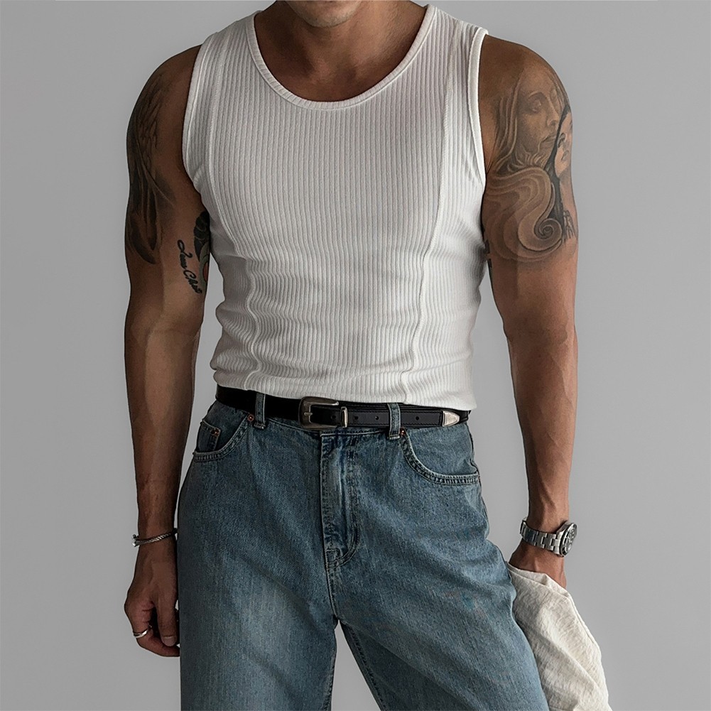 Male Top Mens Vest Casual Minimalist O-Neck Regular Ribbed Sleeveless Slim