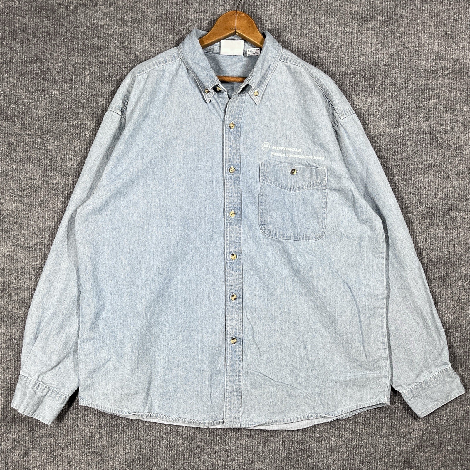 VINTAGE 90s Motorola Employee Shirt Mens XL Denim Chambray Tech Promo Cell Phone