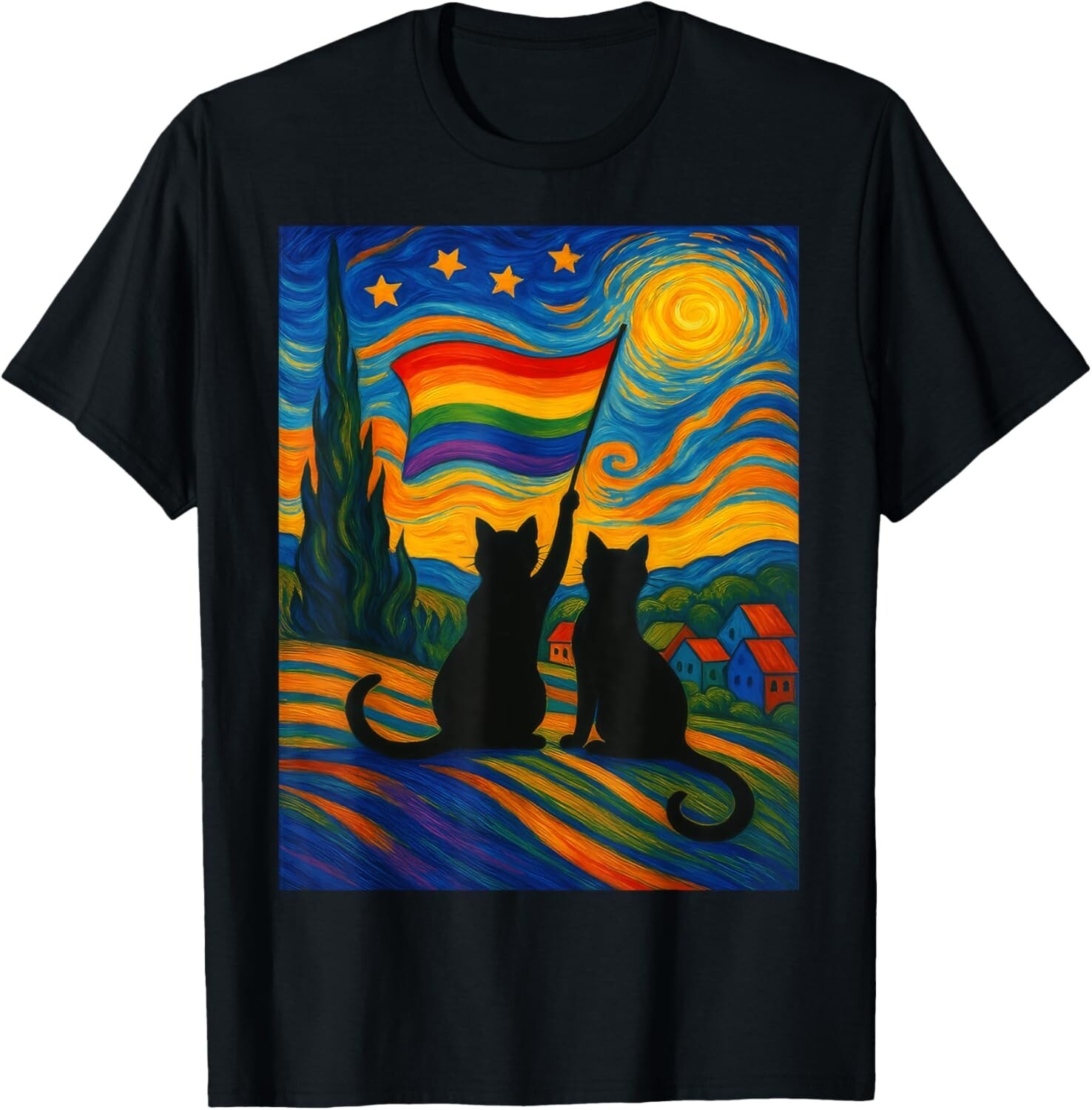 Gay Pride Cat Art Cat Starry Night Style LGBTQ Pride Support Gift Unisex T-Shirt