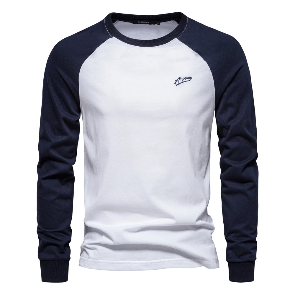 Men’s T-shirts 100% Cotton Long Sleeve O-neck Pactwork Casual T Shirt