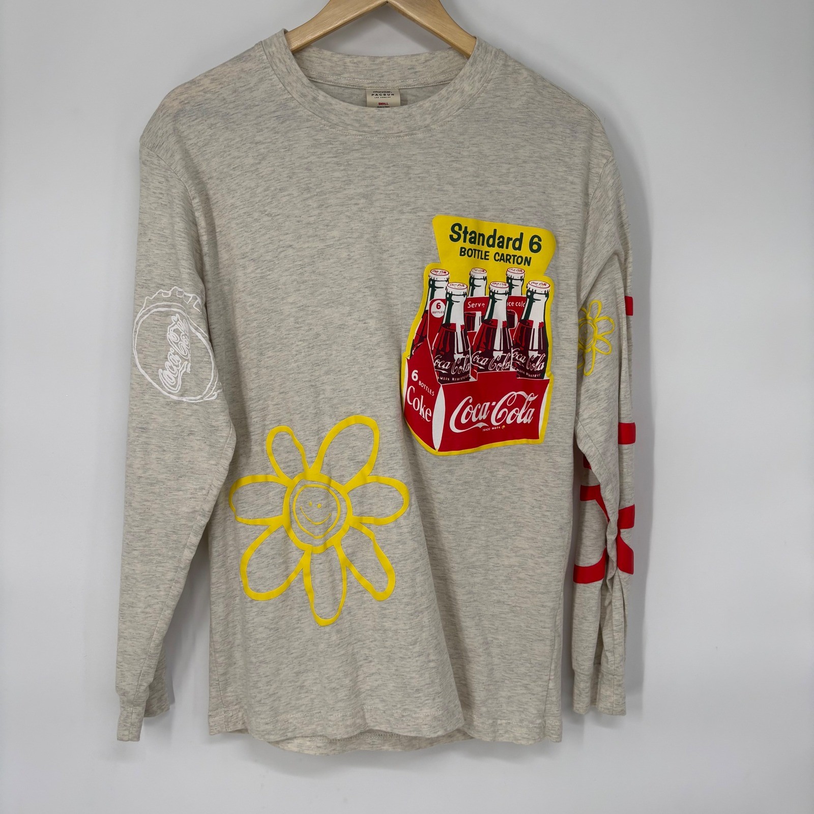 PacSunX Coca-Cola Mens Long Sleeve Graphic Tee Heather Oatmeal Small 2021 Collab