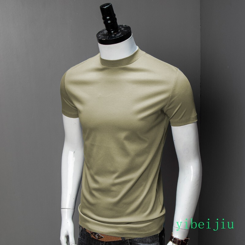 Mens Summer Half High Collar Silk Cotton Short Sleeved Slim Fit Shirts Comfort