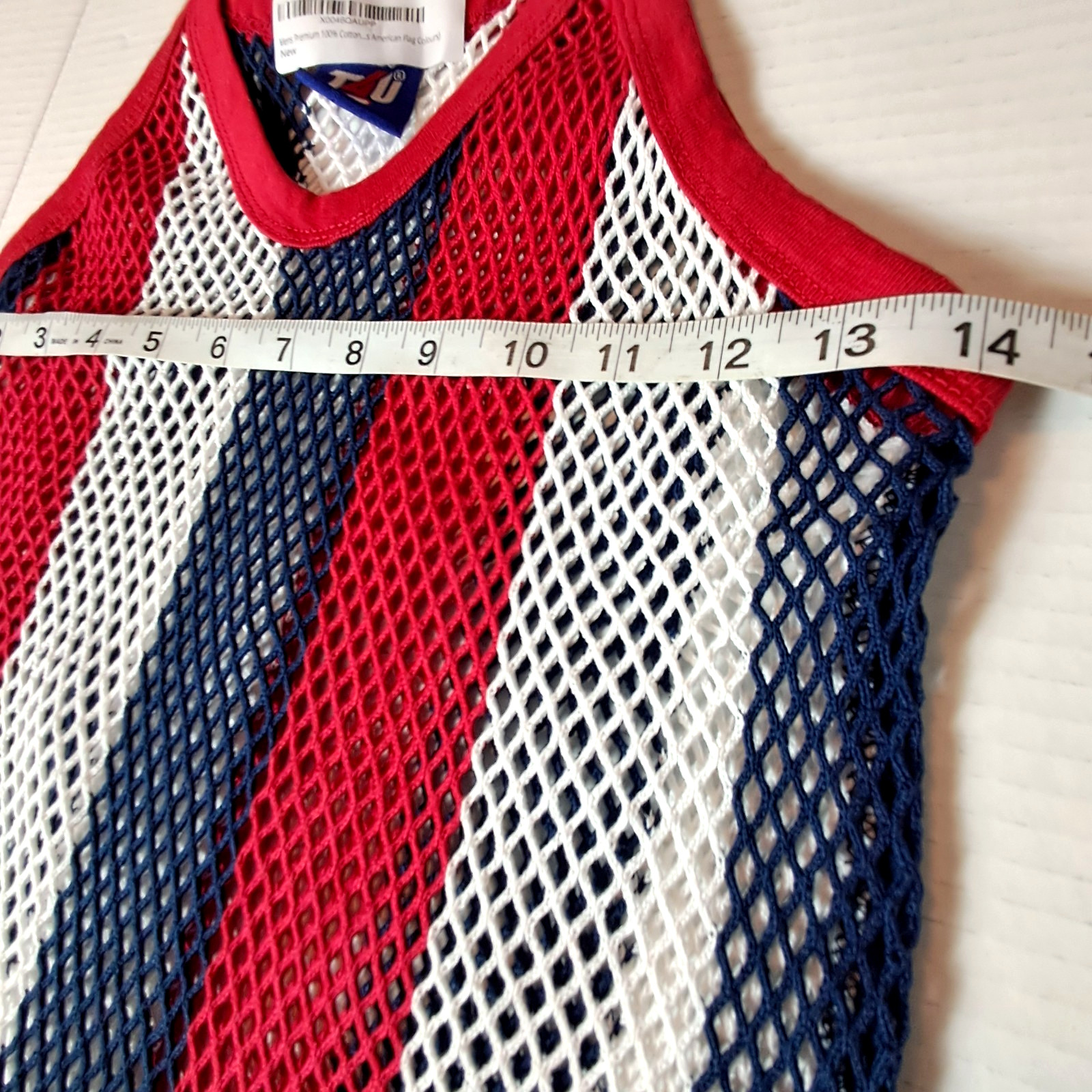 Vintage Trends String Vest Mesh Fishnet Tank Top Dress Large Patriotic USA Flag