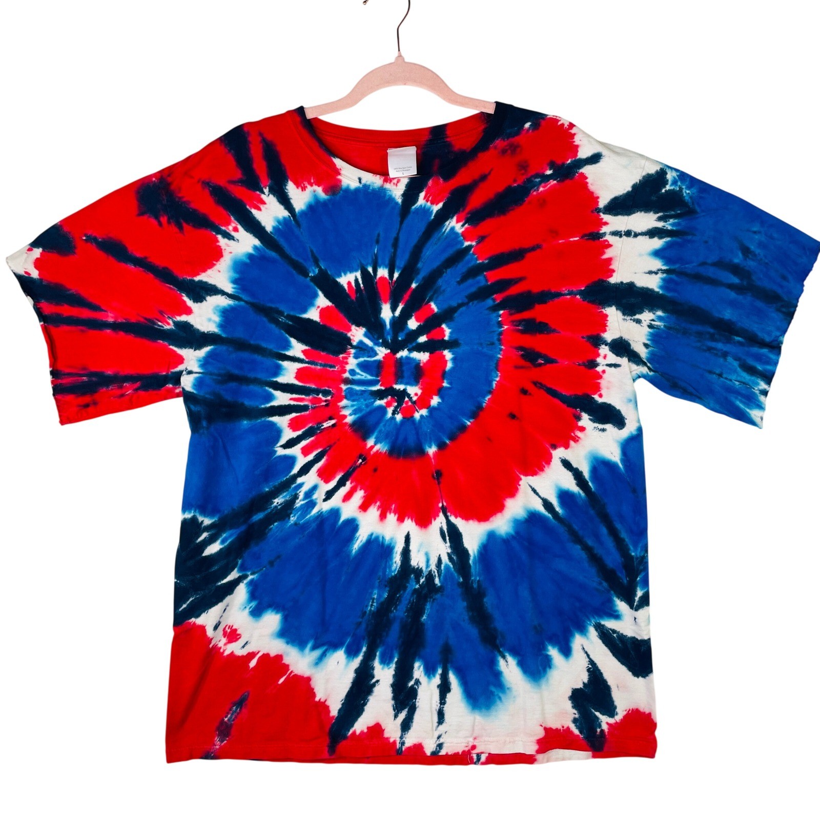 Authentic Pigment Mens Tie Dye T-Shirt Red White Blue Spiral Cotton Large L