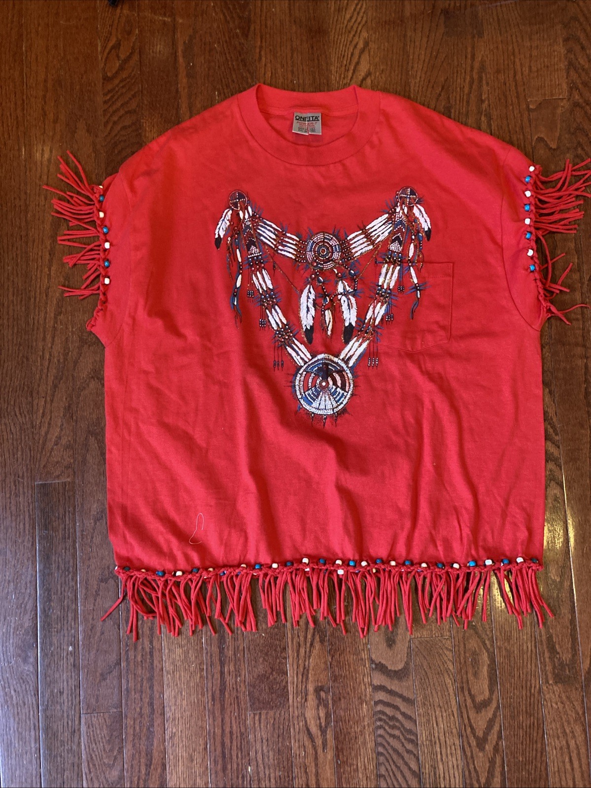 VINTAGE Native American T-Shirt XXL Red Beaded Fringe Rare Dream Catch