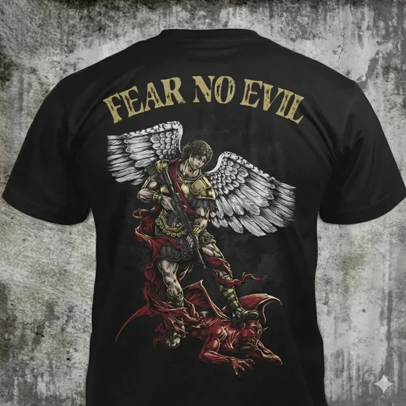 Fear No Evil – Distressed St Michael Archangel Gun T-Shirt: Christian Religious