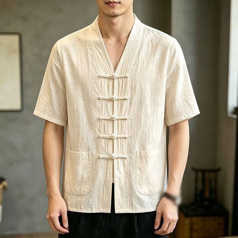 New Chinese Style Tang Zhuang Mens Casual Cotton Linen Short Sleeve Shirts Tops