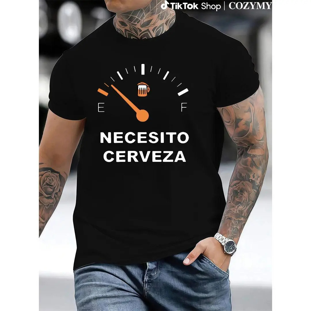 Men’s Regular Fit Letter Graphic Round Neck Tee, Casual Short Sleeve Crew Neck