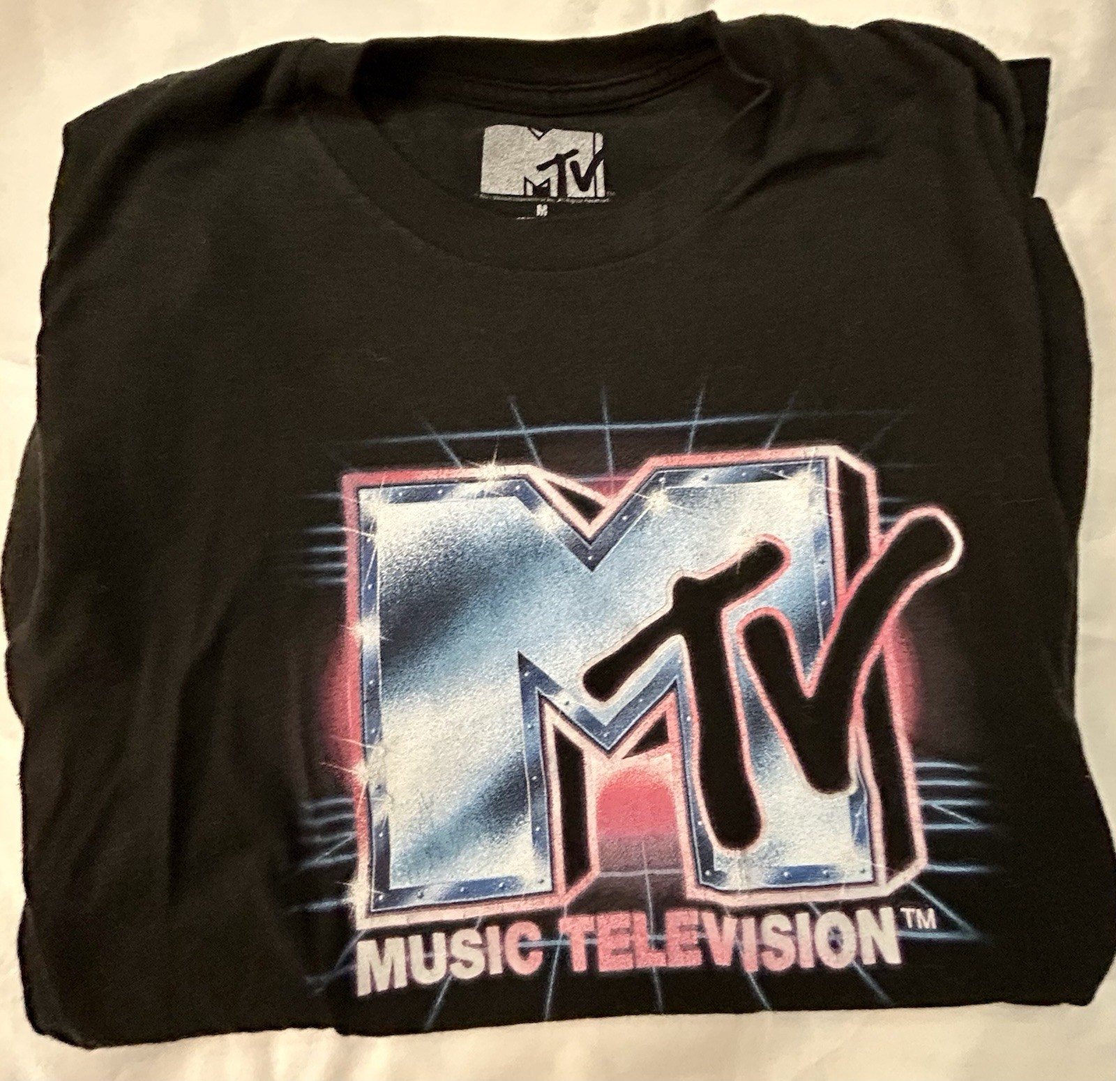 MTV Music Television Graphic Logo Black Men’s T-Shirt M Crew Neck Cotton Retro