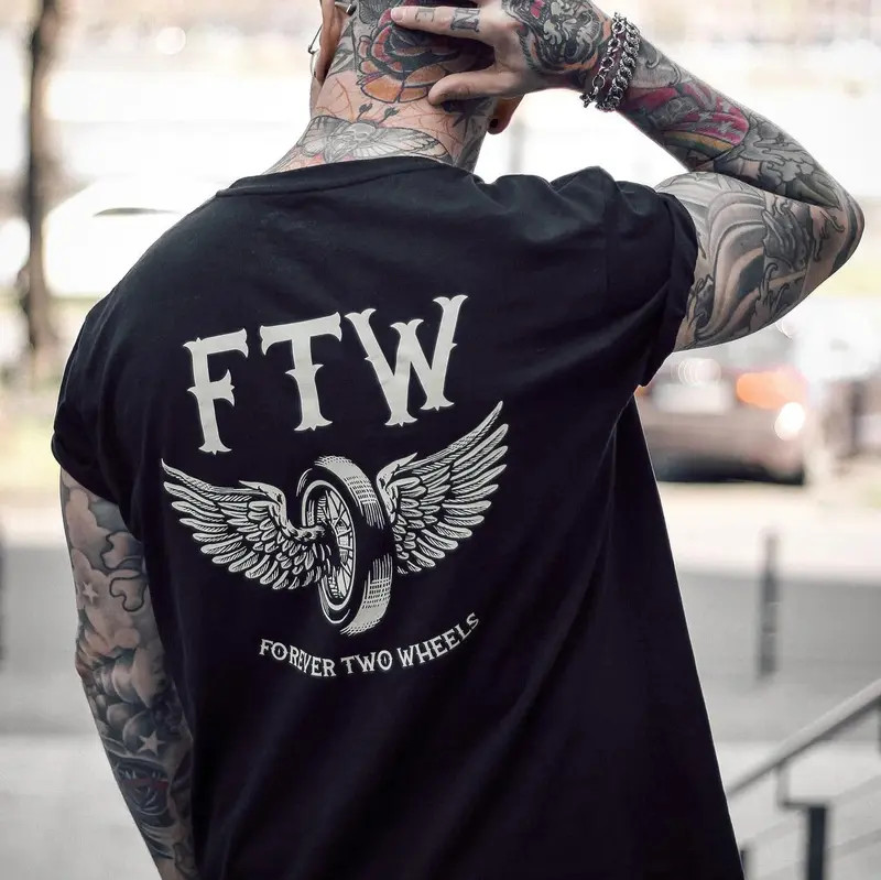 FTW FOREVER TWO WHEELS Angel Wings Graphic Print T-shirt, Top Menswear, Cotton