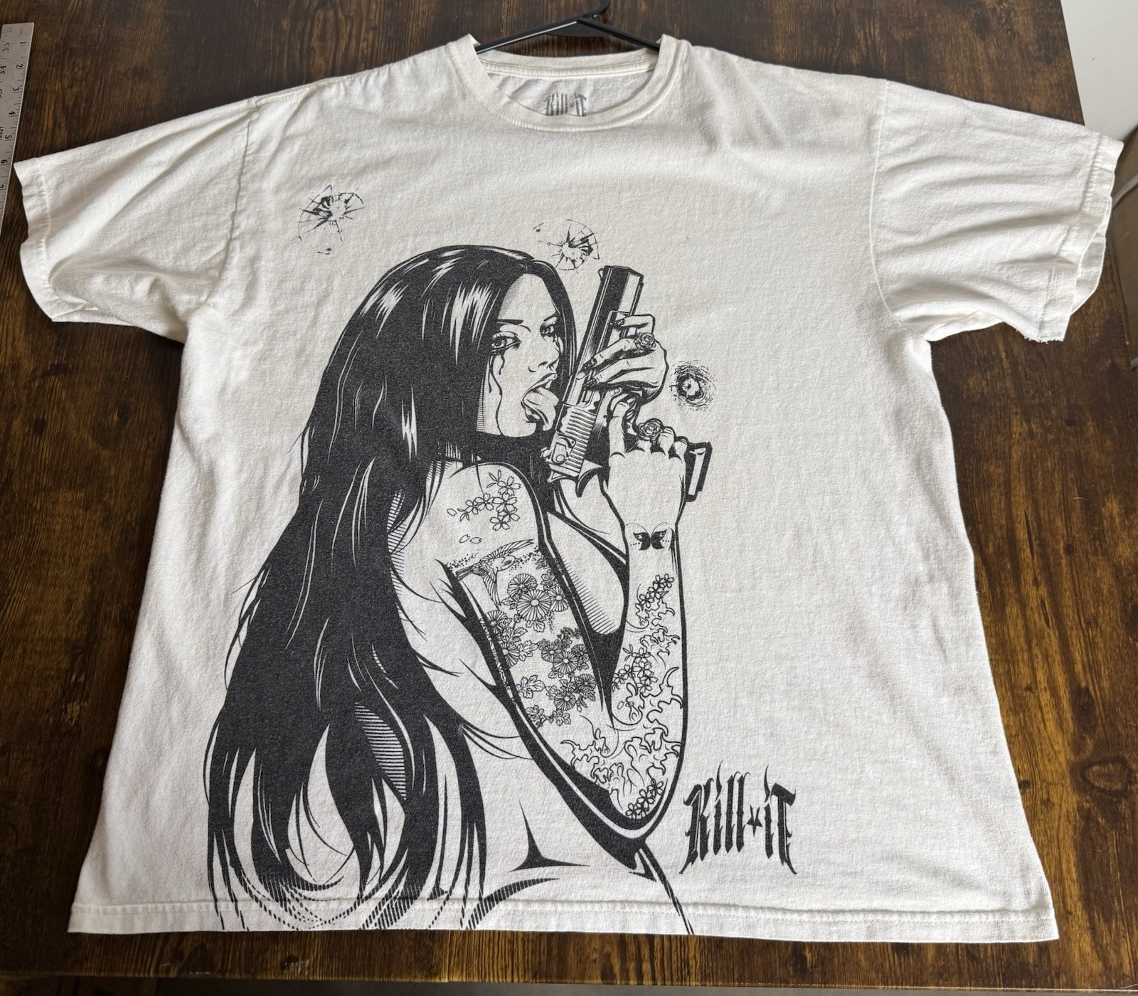 Kill It Gun Girl Tattoo Print “Addicted to Chaos) T Shirt Sz L Grunge Metal Tat