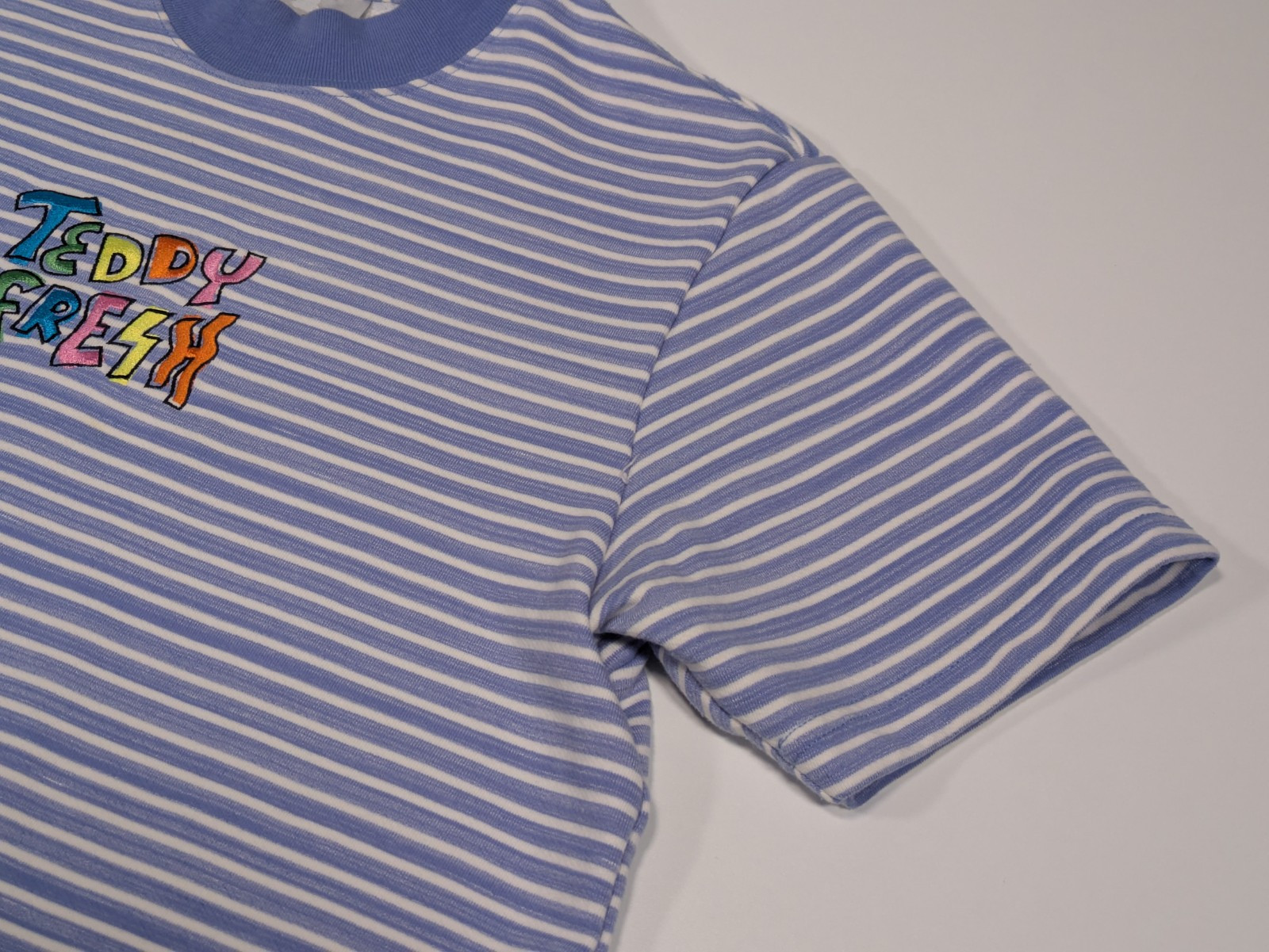 Teddy Fresh T Shirt Men S Blue Stripe Logo Short Sleeve 100% Cotton Embroidered