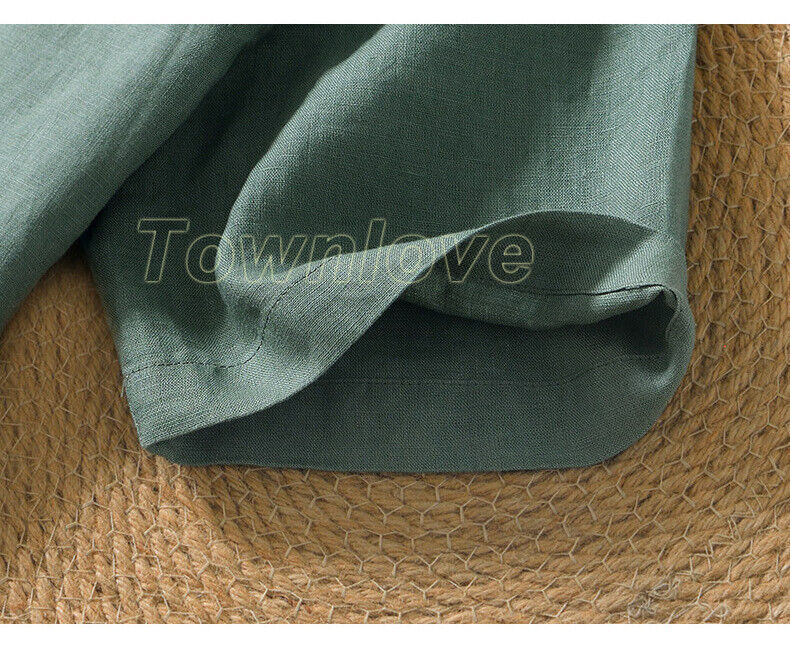 Men 100% Linen V Neck T-shirt Retro Summer Short Sleeves Tops Casual Undershirt