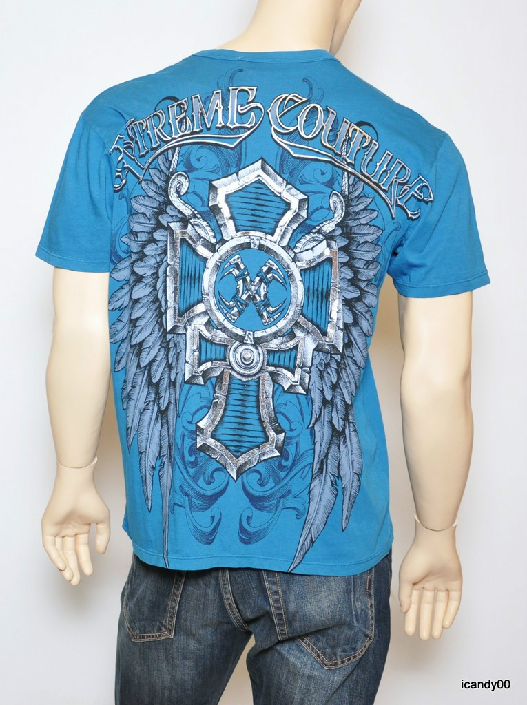 New XTREME COUTURE Wings Cotton/Foil Top T-Shirt Shirt Tee ~Blue *XL