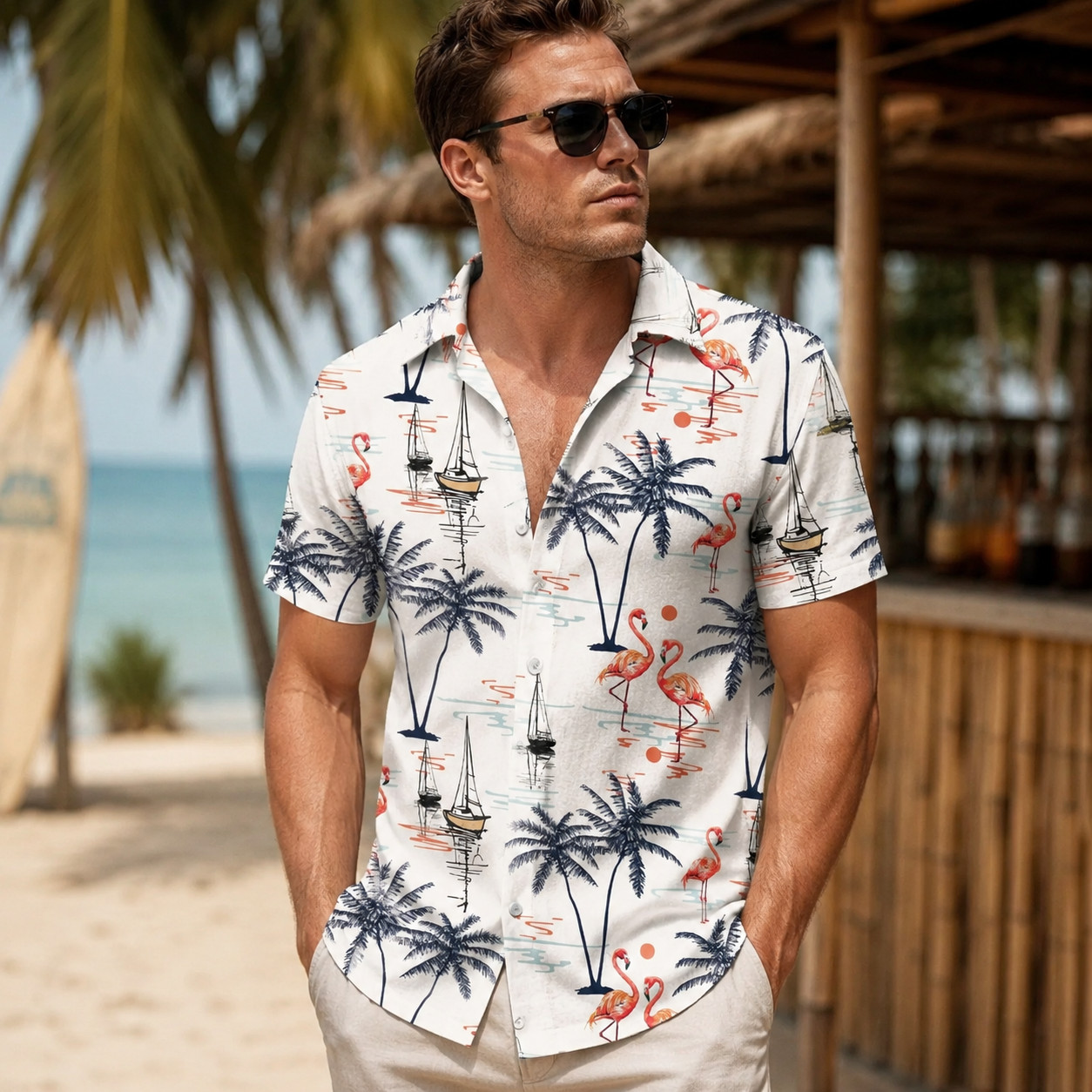 Flamingo Hawaiian Shirt, Beach Vacation Tee, Tropical Summer Style, Gift For Him