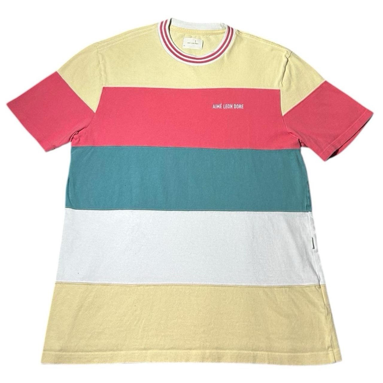 Aime Leon Dore Striped Ribbed Collar T Shirt Cream Red Green Men’s Size Medium