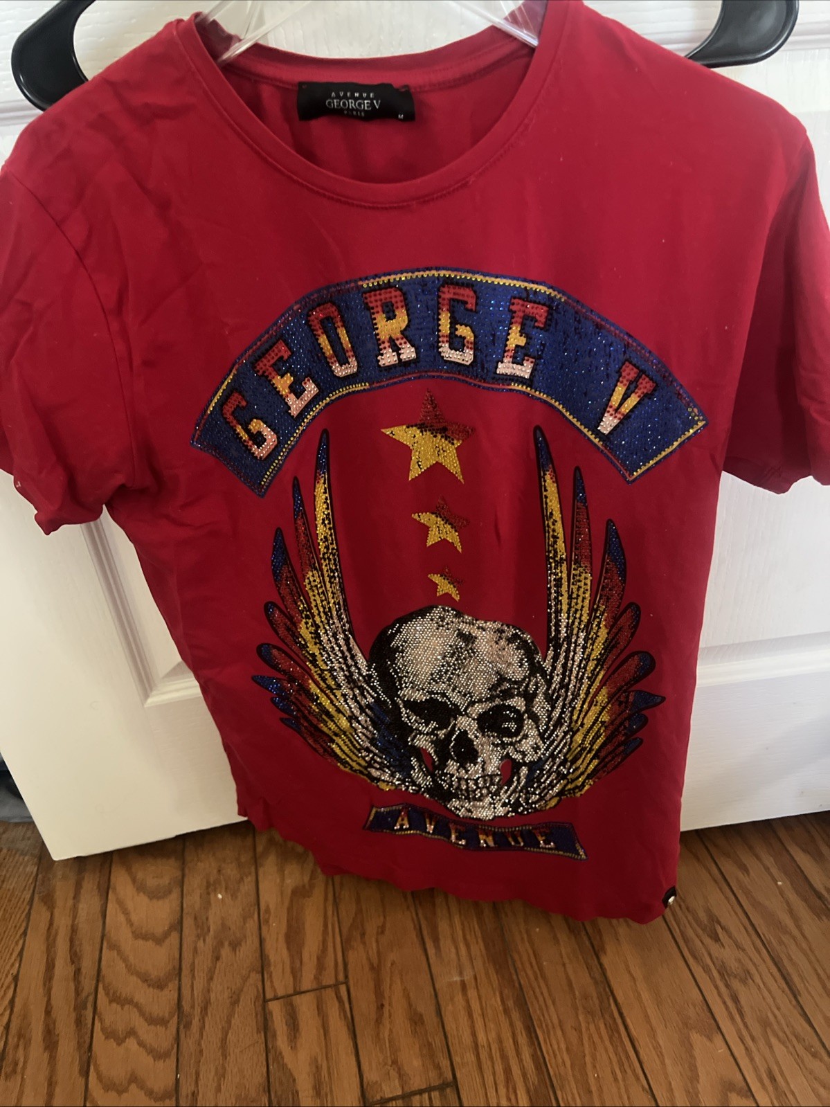 Avenue George V Paris Men’s Short Sleeve Red T-shirt Skull rhinestone M
