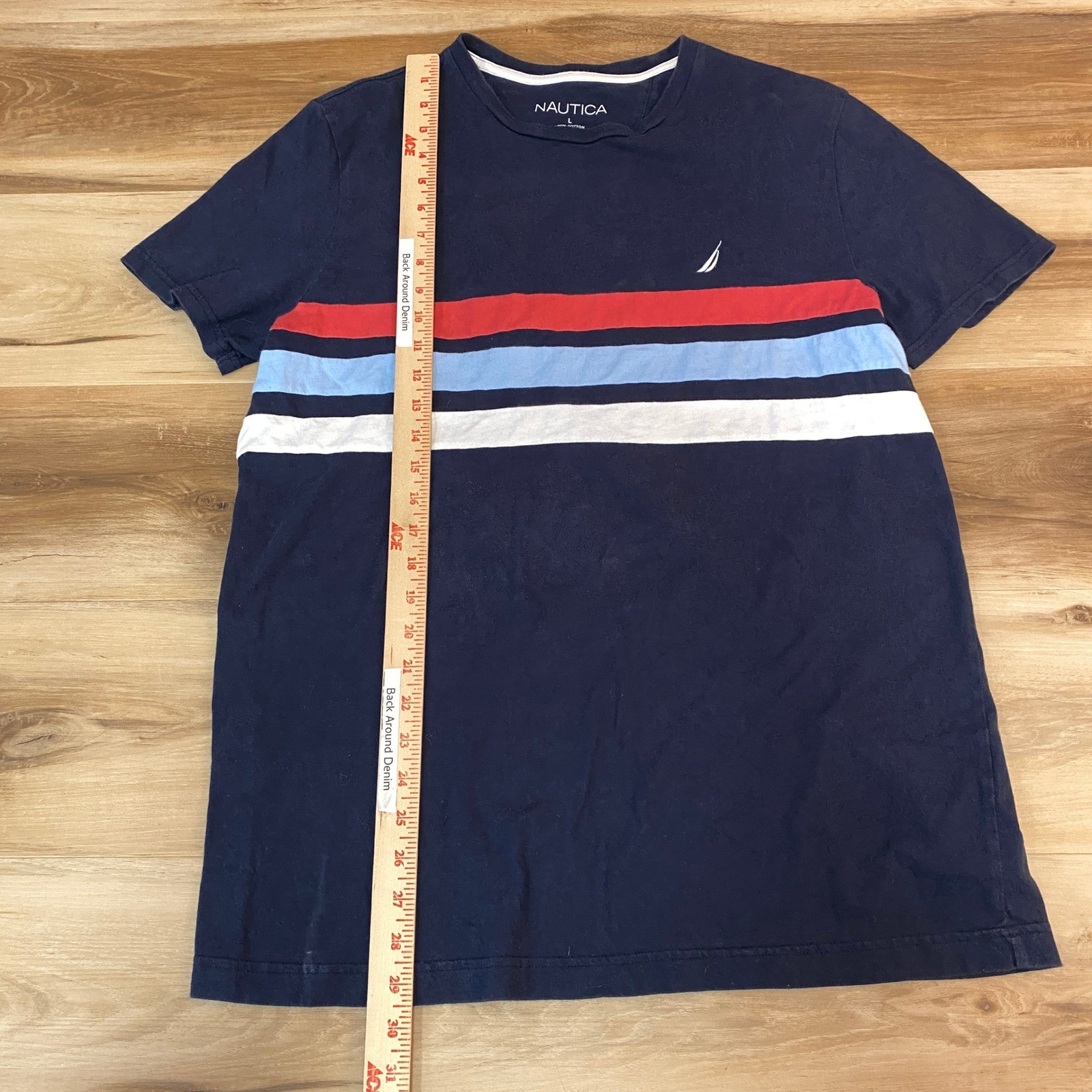 Nautica Mens Large Navy Blue Red White Striped Short Sleeve Cotton T-Shirt Logo