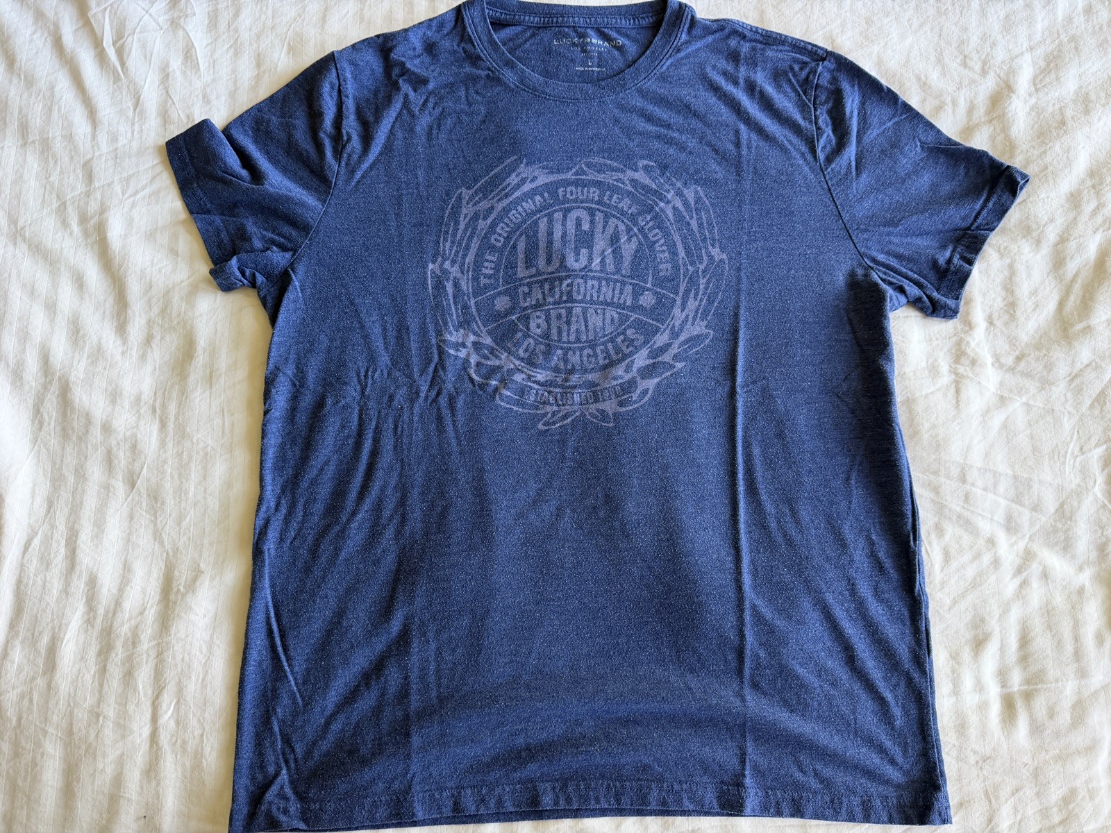 Lucky Brand Mens Graphic T-Shirt Heather Blue Short Sleeve Graphic Logo Size L