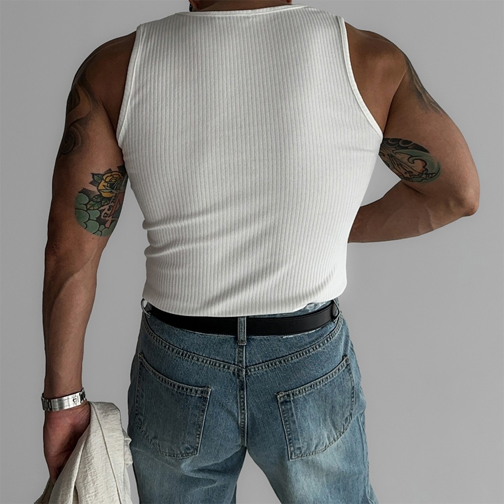 Male Top Mens Vest Casual Minimalist O-Neck Regular Ribbed Sleeveless Slim