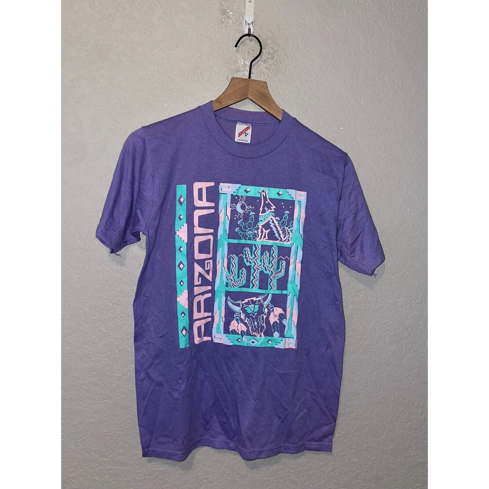 Vintage Arizona Art Shirt Coyote Cactus Desert Tee Purple 1989 80s 1980s Medium