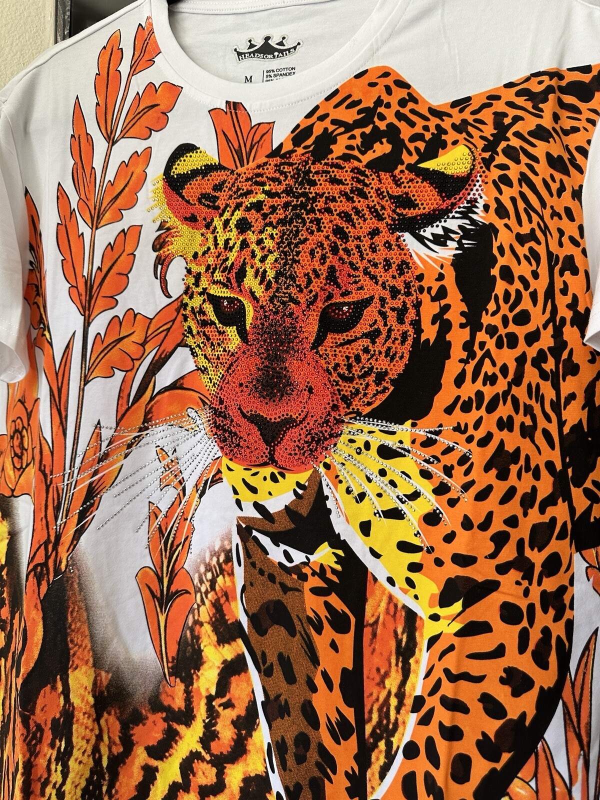 Head or Tails Men’s Rhinestones Beaded / White/Orange Tiger T-shirt Size M