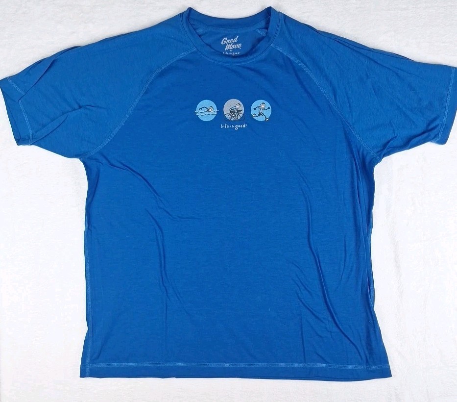 Life Is Good Good Move Mens XL Semi Fitted Blue T Shirt Triathlon Triathlete