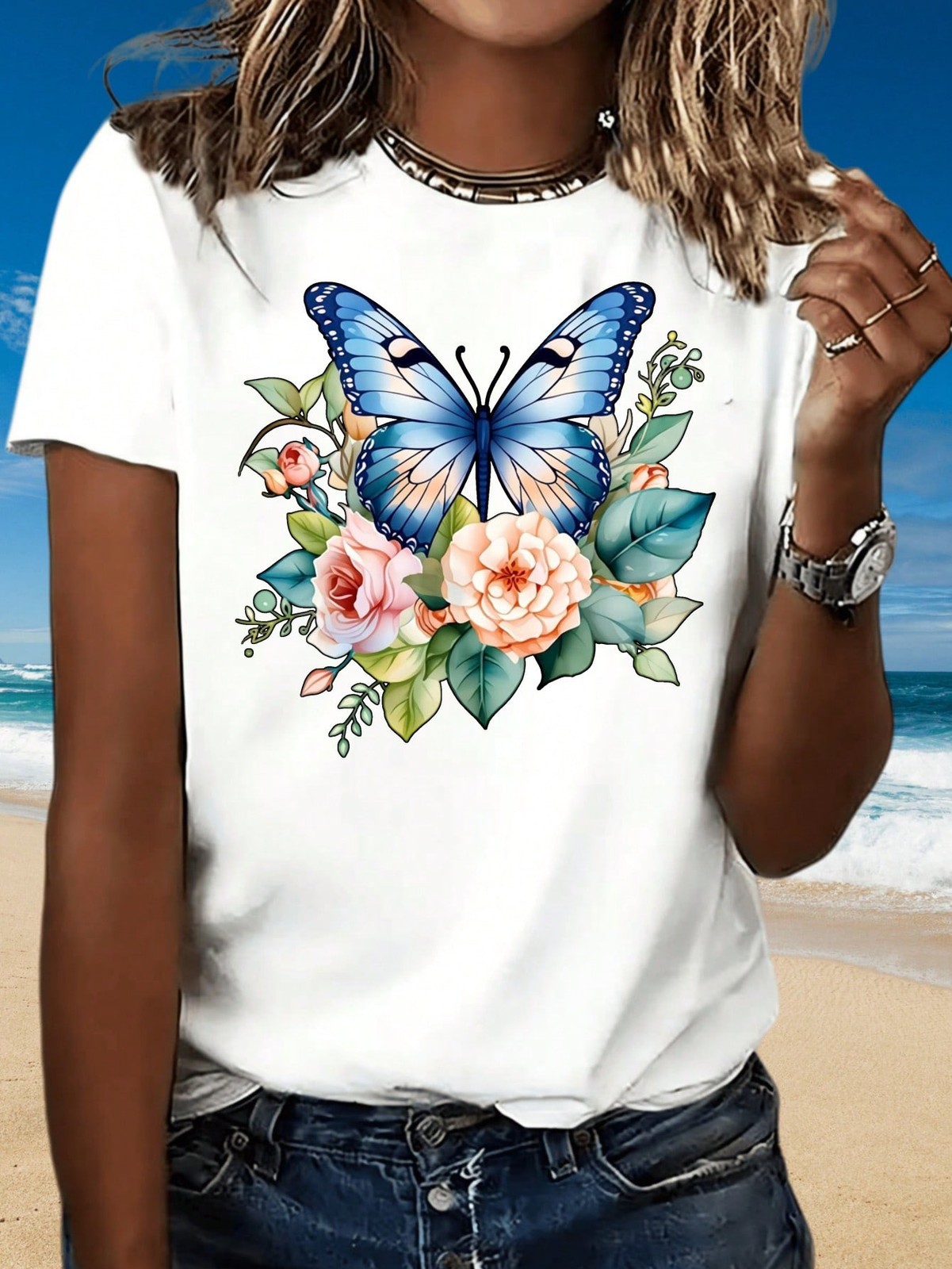 Butterfly Floral Print Women’s Casual T-Shirt Rose And Leaves Design