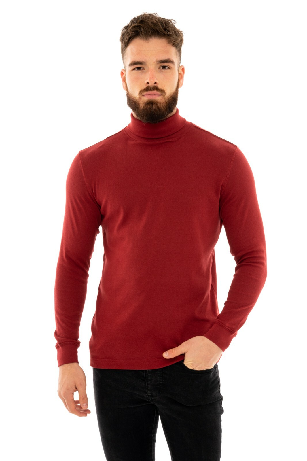 Mens Roll Neck Cotton Lightweight Jumper T-Shirt Turtle Funnel Long Sleeve Tops