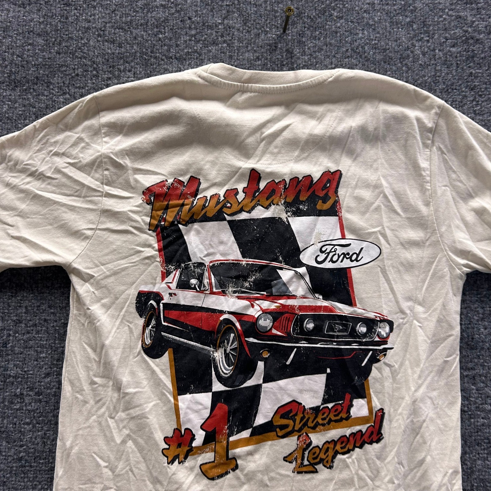 Ford T-Shirt Mens Size M Cream Mustang Street Legend Graphic Racing Casual Tee