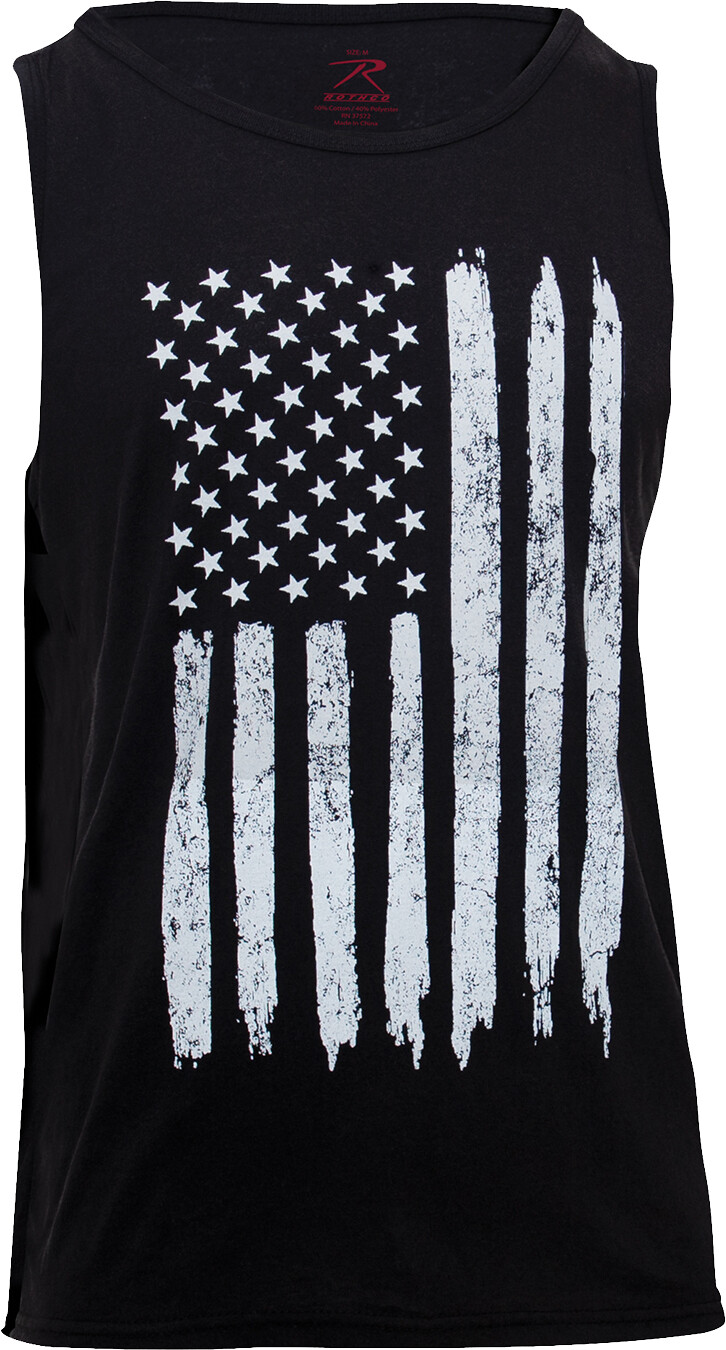 Black Tank Top Sleeveless Muscle Tee Distressed U.S. Flag T-Shirt